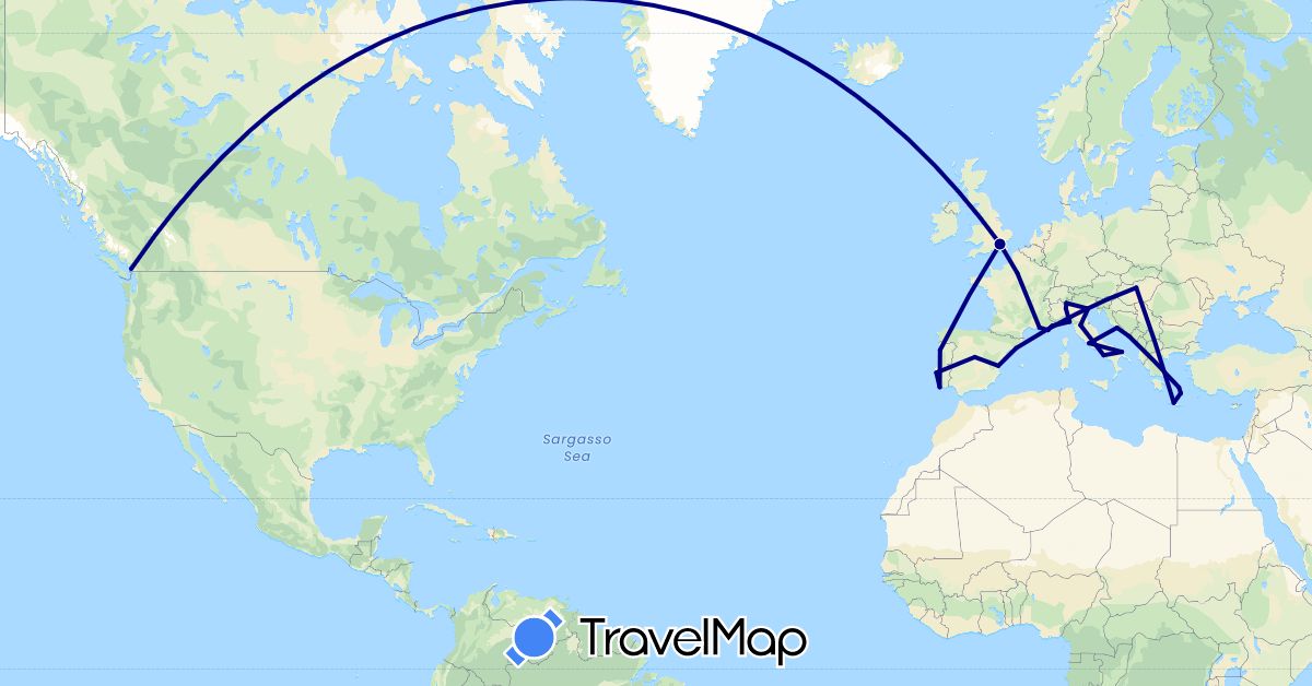 TravelMap itinerary: driving in Canada, Spain, France, United Kingdom, Greece, Croatia, Hungary, Italy, Portugal (Europe, North America)